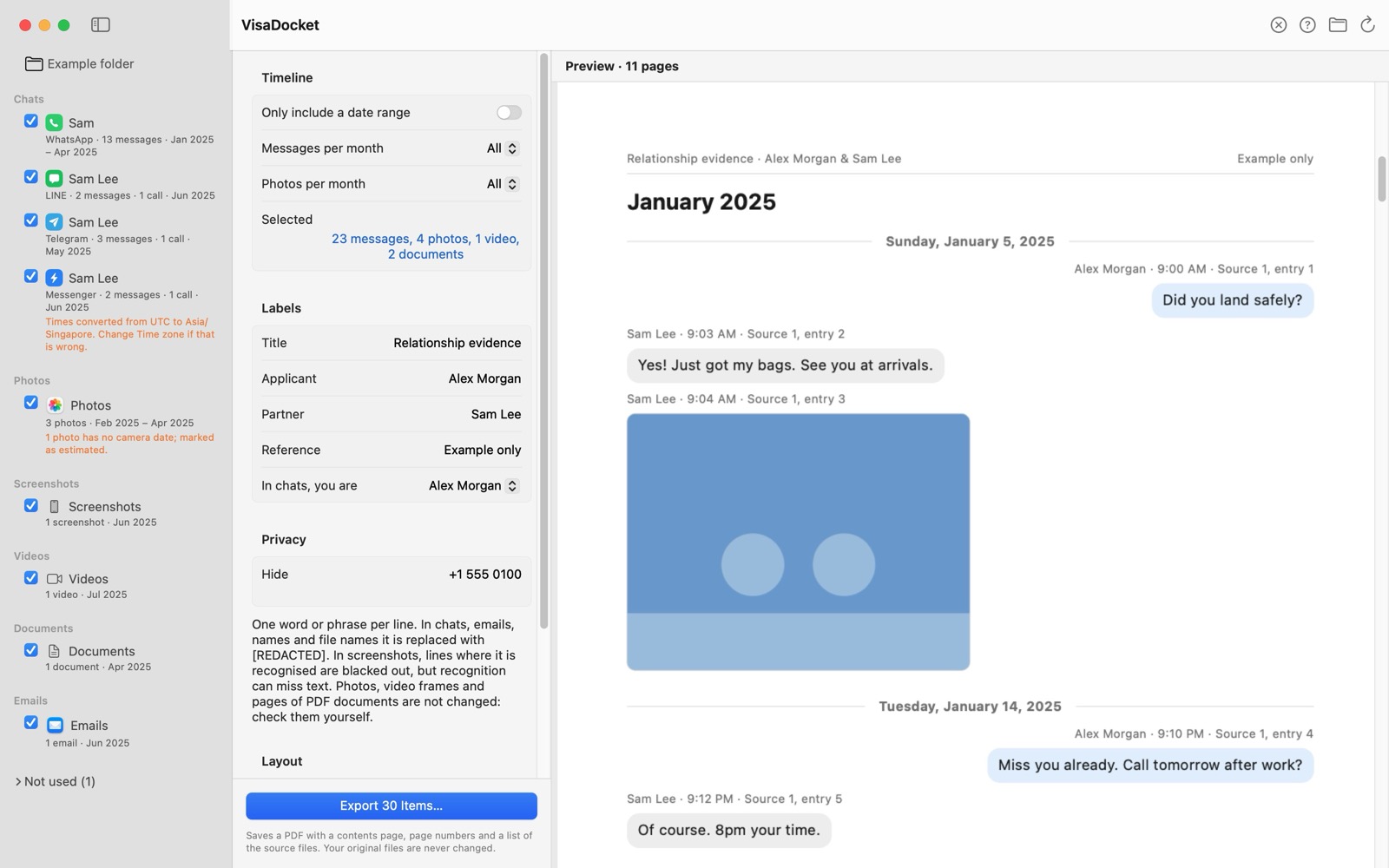 VisaDocket window: chats, photos, screenshots, videos, documents and emails recognised from one folder, next to a live PDF preview
